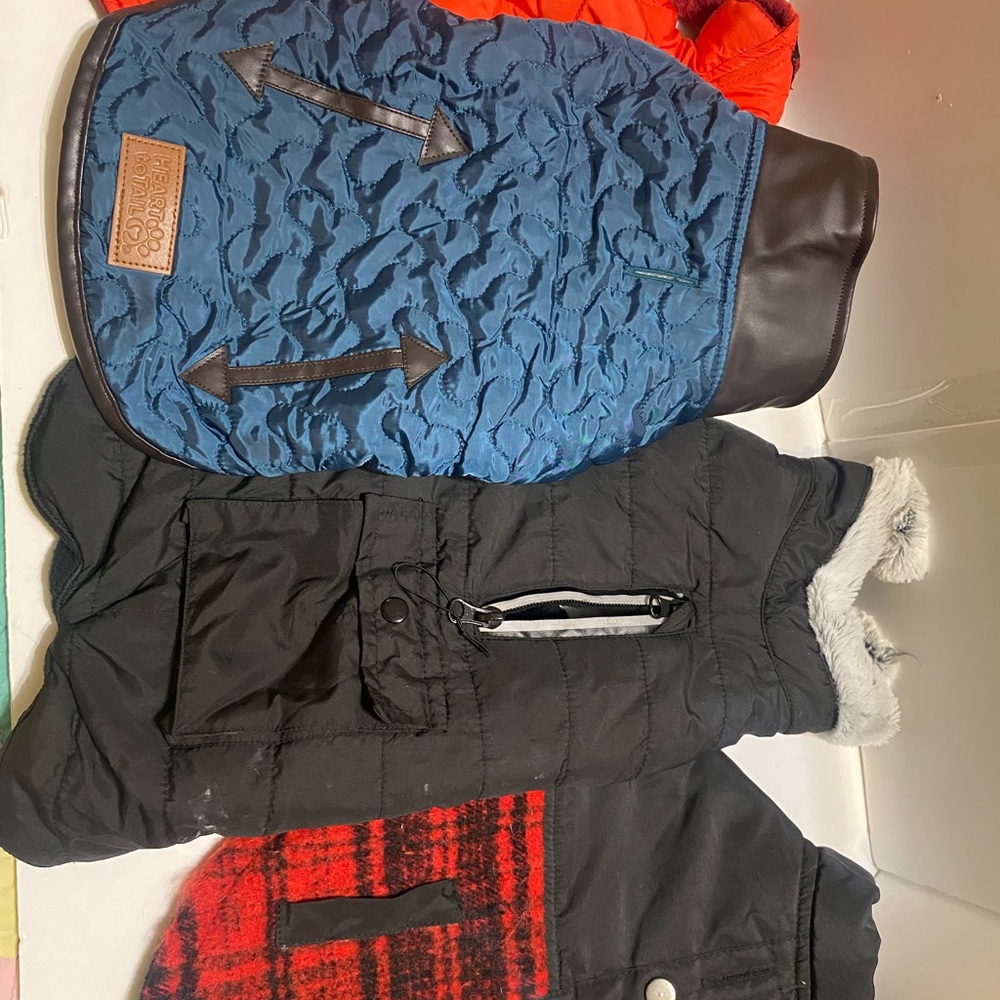 Small Dog Blue Quilted Puffer Jackets with Faux Leather Trim-(4) 10-15 lb dog